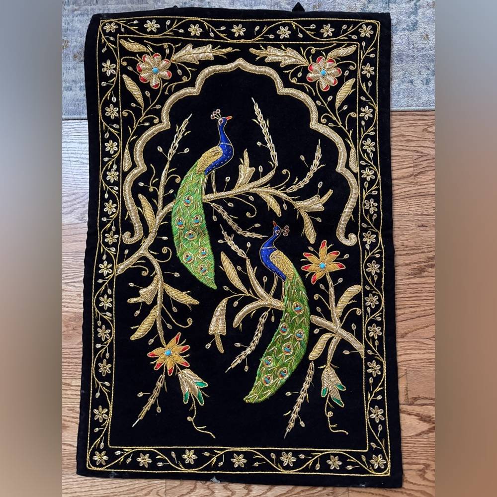Zardozi Wall Hanging Embroidered w Gemstones - Peacock Tapestry - Agra, India